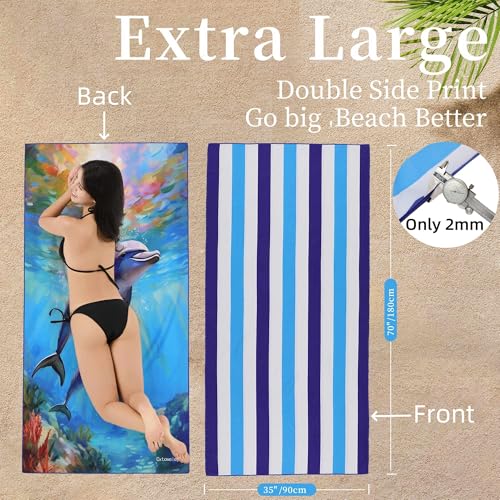 Oversized Beach Towels Lightweight Blue White Striped Dolphin | Set of 2, 70x35 inches, soft microfiber, quick dry, sand free, for pool spa swim travel - color: Two Dolphin 2 Pack