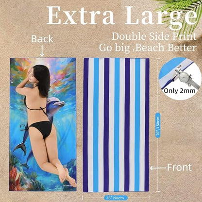 Oversized Beach Towels Lightweight Blue White Striped Dolphin | Set of 2, 70x35 inches, soft microfiber, quick dry, sand free, for pool spa swim travel - color: Two Dolphin 2 Pack