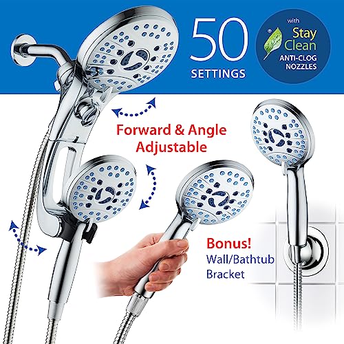 AquaCare 50-mode High Pressure Shower Head Combo with Arm & Dual Power Wash | Hygienic Jets, 2-mode Handheld Power Wash for Tub, Tile & Pets, Long 6 ft. Stainless Steel Hose, Extra Wall Bracket / Chrome - color: All-Chrome, style: 2.5 Gallons Per Minute