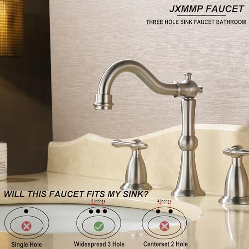 Brushed Nickel 3 Hole Bathroom Faucet, Widespread Antique Bathroom Sink Faucet with Pop Up Drain and cUPC Supply Hose, Modern 2 Handle Modern Brushed Sink Faucet Bathroom JXM3073BN - color: Brushed Nickel
