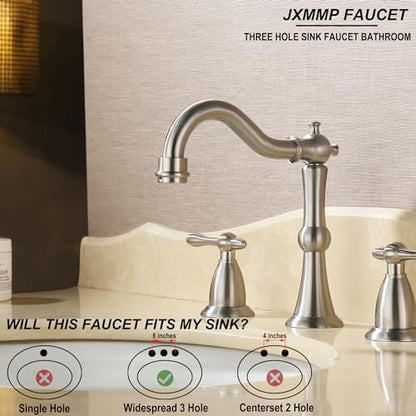 Brushed Nickel 3 Hole Bathroom Faucet, Widespread Antique Bathroom Sink Faucet with Pop Up Drain and cUPC Supply Hose, Modern 2 Handle Modern Brushed Sink Faucet Bathroom JXM3073BN - color: Brushed Nickel