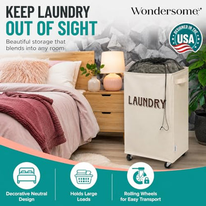 Wondersome Laundry Hamper with Wheels - Farmhouse Cream - 90-Liter Extra Large Collapsible Rolling Clothes Cart - Heavy Duty Locking Metal Wheel Tall Rectangular Canvas Storage Basket - US-Based Brand