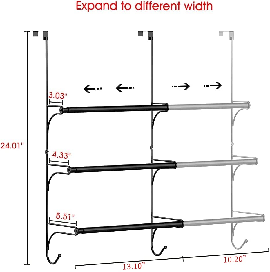 Auledio Adjustable Over the Door Triple Towel Rack with Hooks,Black - color: Black