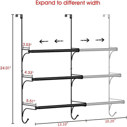 Auledio Adjustable Over the Door Triple Towel Rack with Hooks,Black - color: Black