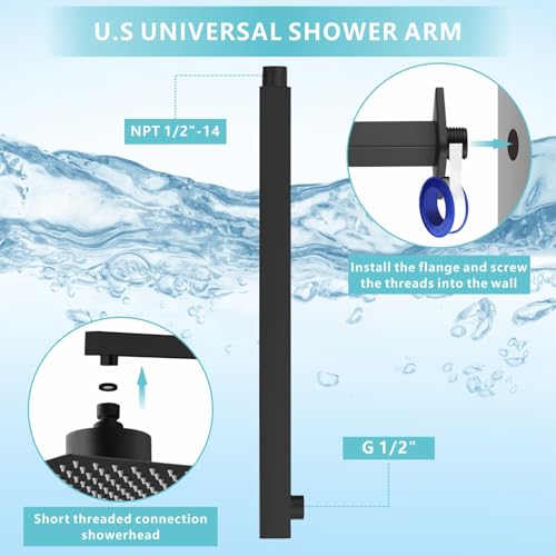 Shower Arm with Flange, 16 Inches Wall Mount Square Straight Extension Arm, Replacement of Fixed Rain Shower Head Pipe, Matte Black - color: Matte Black