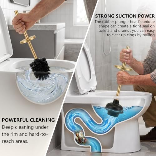 Gold Toilet Plunger and Brush Set, 2 Piece Stainless Steel Bathroom Cleaning Combo with Holder, Modern Luxury Gold Finish Cleaning Toilet Tools for Bathroom Deeply Clean and Decor