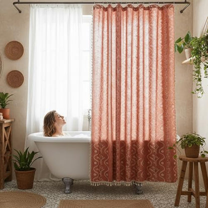 Vine with Terracotta Color Linen Shower Curtain Set and Liner,72x72 | Double Layer Shower Curtain Waterproof Fabric with Zippered Removable PEVA Liner,Boho Shower Curtain for Bathroom,Free Hooks - color: Brown Floral