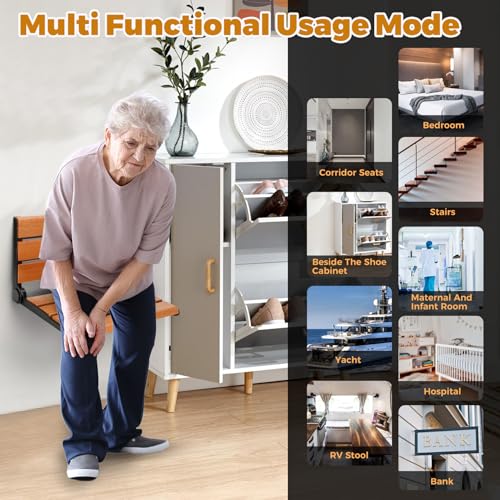 18" Wall Mounted Shower Seat for Adults | Shower Bench Wall Mount for Inside Shower, Fold Down Shower Seat, Shower Seats for Adults - color: Yellow & Aluminum Alloy & Black