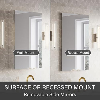 WELLFOR 20" x 32" Bathroom Medicine Cabinet, Anodized Chrome Aluminum Frame, Medicine Cabinet with Adjustable Glass Shelves, Bathroom Cabinet with Reverse Door Installation, Surface or Recessed Mount