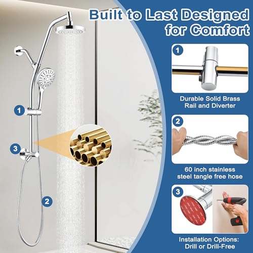 BRIGHT SHOWERS Rain Shower Head with Handheld Combo, Dual Shower System with Slide Bar, Rain Shower System, Adjustable Height, Brass Slide Bar & Diverter, 60 Inch Stainless Steel Hose, Chrome - color: Chrome