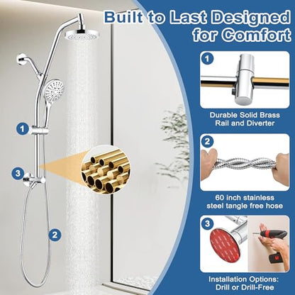 BRIGHT SHOWERS Rain Shower Head with Handheld Combo, Dual Shower System with Slide Bar, Rain Shower System, Adjustable Height, Brass Slide Bar & Diverter, 60 Inch Stainless Steel Hose, Chrome - color: Chrome