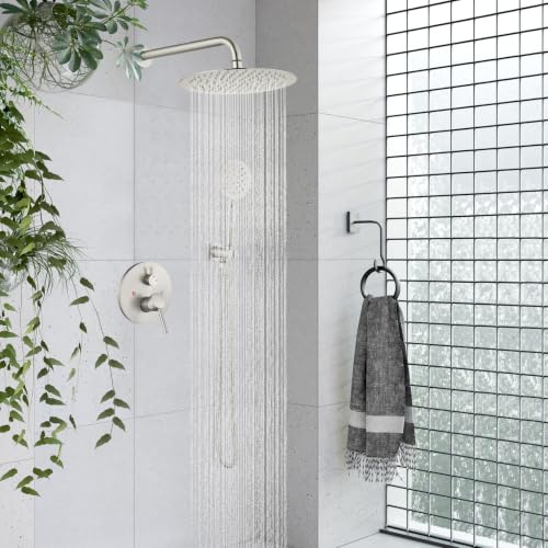 gotonovo High Pressure Shower System Valve and Trim Kit,Brushed Nickel | Round Rain 10 Inch Shower Head with Handheld Faucet Set Complete,Rough In Valve,2-in-1 Diverter,All Metal,Bathroom Wall Mount - color: Nickel