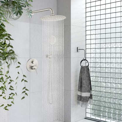 gotonovo High Pressure Shower System Valve and Trim Kit,Brushed Nickel | Round Rain 10 Inch Shower Head with Handheld Faucet Set Complete,Rough In Valve,2-in-1 Diverter,All Metal,Bathroom Wall Mount - color: Nickel