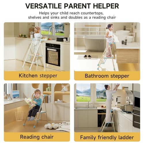 Foldable Toddler Tower, 2-Step Kids Step Stool with Safety Rail, Compact Folding Toddler Standing Stool for Kitchen, Bathroom and Home, Step Ladder for Toddlers and Adults - color: Sea Salt Blue