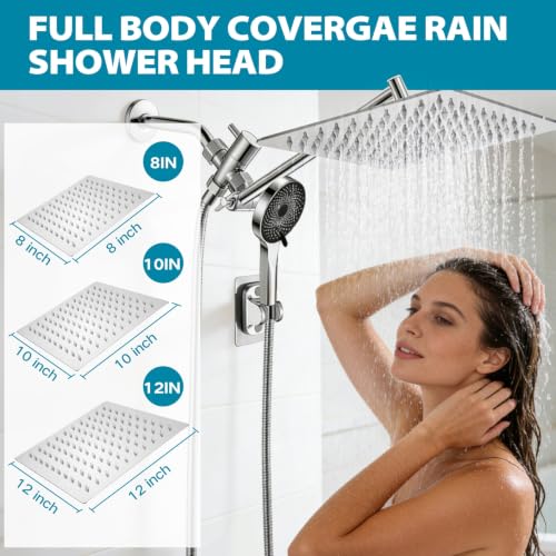 Shower Head, Rain Shower Head with Handheld Spray Combo, 12Inch Adjustable High Pressure Rainfall Shower Head, Dual Showerhead Set with Extension Arm - color: Sliver, size: 12 Inch