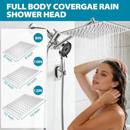 Shower Head, Rain Shower Head with Handheld Spray Combo, 12Inch Adjustable High Pressure Rainfall Shower Head, Dual Showerhead Set with Extension Arm - color: Sliver, size: 12 Inch