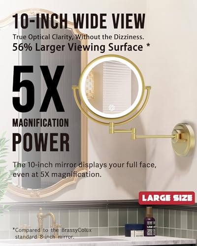 10" Brass Bathroom Large Wall Mount Makeup Mirror with Lights Extension Arm | Rechargeable, USB Charging, Touch Dimmable 3 Color LED Swing Shaving, 1/5X 2 Sided, Magnifying, Memory Function, Brushed Gold - color: Brushed Gold