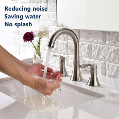 Friho 8 Inch Widespread 3 Hole Bathroom Faucet, Brushed Nickel Lead-Free 2-Handle Vanity Faucet with Swivel Spout, Pop-up Drain & Supply Hoses - color: Brushed Nickel-1