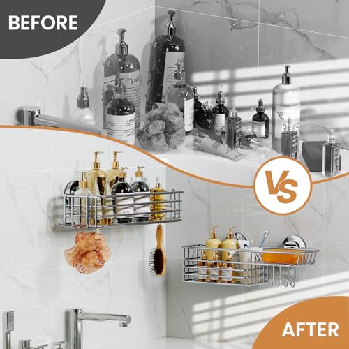 Shower Caddy Suction Cup, 2 Pack Heavy Duty Bathroom Organizer | Shower Caddy with Hooks & Soap holder, Removable Shower Storage, Rustproof Silver bathroom Holder - color: 2 X Silver Basket