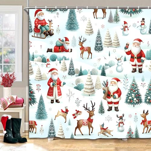 Christmas Shower Curtain，Santa Claus Castle Reindeer Shower Curtain，Winter Christmas Shower Curtains for Bathroom ，72x72 Inch Waterproof Polyester Insulated Home Decor Set ，with Hooks - color: Multicolor 3