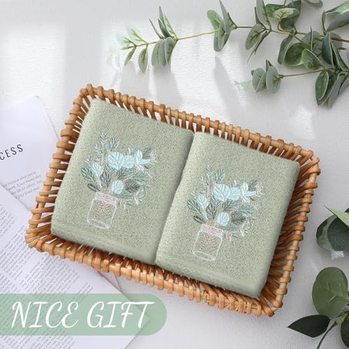 SmoothNovelty 2 Pcs Eucalyptus Hand Towels Gray Green Bathroom Decor 14x29 Inch Embroidered 100% Cotton Soft Absorbent Spring Summer Decorative Hand Towels for Bathroom Kitchen - style: Eucalyptus