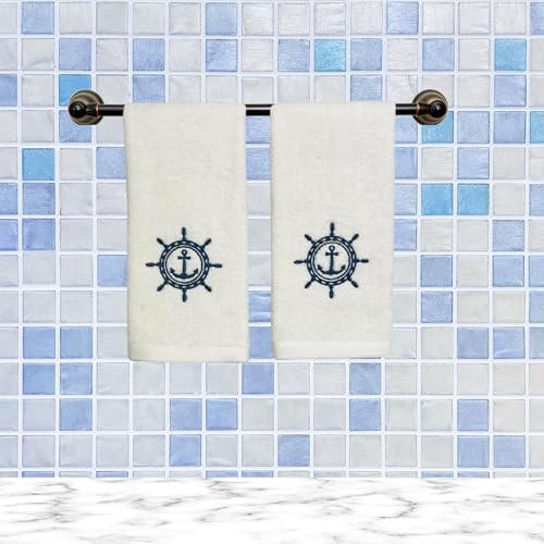 Serafina Home Summer Soft Absorbent Bathroom Coastal Guest Embroidered Fingertip Towels: Nautical Captain's Wheel Design, 2 Piece 12" x 18" Inches - color: Captains Wheel