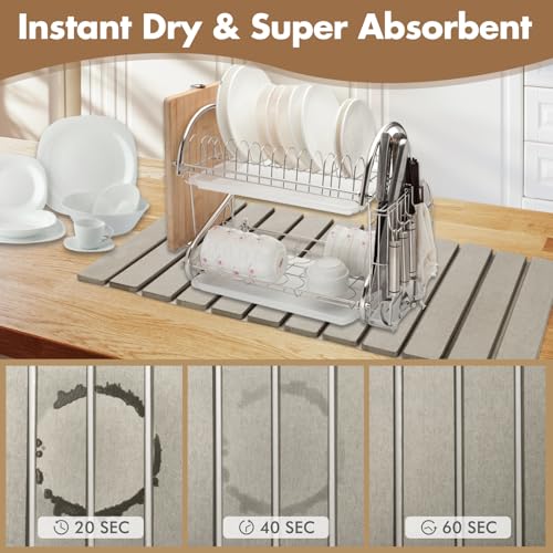 Extra Large Stone Dish Drying Mat for Kitchen Counter, 28"×16" Eco-friendly,Instant Drying Pad,Diatomaceous Earth Water Absorbing Mat, Foldable and Super Absorbent Dish Drying Stone Mat, Warm Gray - color: Warm Gray