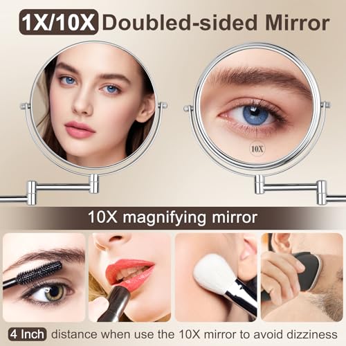 DECLUTTR 8 Inch Wall Mounted Magnifying Mirror with 10x Magnification, Double Sided Vanity Makeup Mirror for Bathroom, Chrome Finished - color: Silver