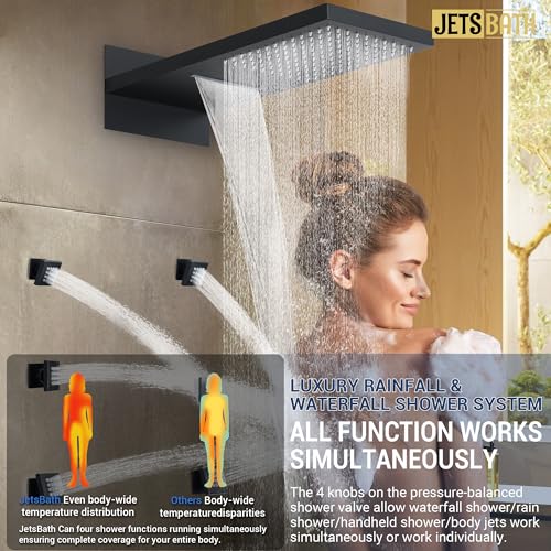 Luxury Thermostatic Rain & Waterfall Shower System with 22” Rain Shower Head & 6 Body Jets, Wall Mounted Shower Faucet Sets with Handheld Sprayer, 3/4” Inlet Thermostatic Valve - color: Matte Black