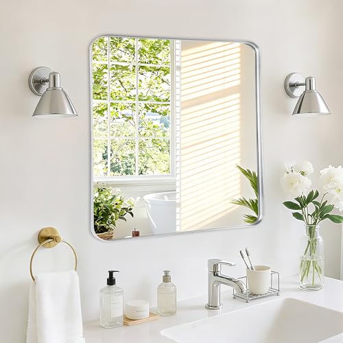 Fabuday Silver Wall Mirror for Bathroom - 24x24 Inch Square Bathroom Mirrors for Over Sink, Small Framed Mirror with Chrome Matte Frame for Restroom, Hallway, Entryway, Living Room, Bedroom Decor - color: Silver, size: 24"L x 24"W