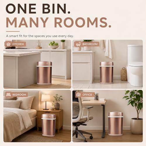 Motion Sensor Trash Can, 15L Touchless Automatic Garbage Can with Lid, Stainless Steel for Kitchen, Bathroom, Office, Quiet Soft-Close, Long Battery Life, Champagne Gold - color: Champagne gold