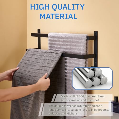 24 Inch Double Towel Bar with Hooks Matte Black, Stainless Steel Bath Shower Towel Rack Wall Mounted Towel Rod Holder for Bathroom - color: Matte Black, size: 24-Inch