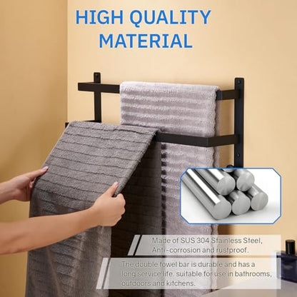 24 Inch Double Towel Bar with Hooks Matte Black, Stainless Steel Bath Shower Towel Rack Wall Mounted Towel Rod Holder for Bathroom - color: Matte Black, size: 24-Inch