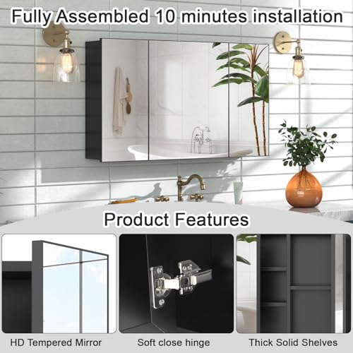 24x40 Inch Bathroom Medicine Cabinet with Mirror, Pre-Assembled Bathroom Medicine Cabinets, Surface/Recessed Wall Mounted Farmhouse Large Medicine Cabinet, Black - color: Black, size: 40 x 24