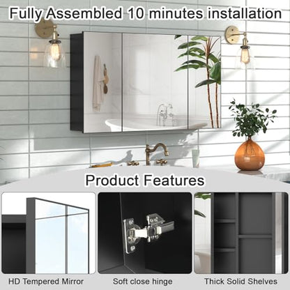 24x40 Inch Bathroom Medicine Cabinet with Mirror, Pre-Assembled Bathroom Medicine Cabinets, Surface/Recessed Wall Mounted Farmhouse Large Medicine Cabinet, Black - color: Black, size: 40 x 24