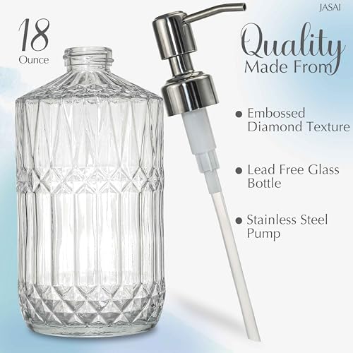 JASAI 18 Oz Embossed Clear Glass Soap Dispenser with Rust Proof Pump | Refillable Dish soap Dispenser for Kitchen, Premium Bathroom Soap Dispenser for Hand soap, Lotion (Clear) - color: Clear-silver Pump, style: Dazzle