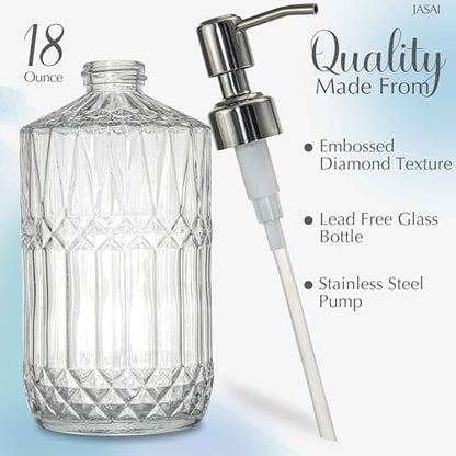 JASAI 18 Oz Embossed Clear Glass Soap Dispenser with Rust Proof Pump | Refillable Dish soap Dispenser for Kitchen, Premium Bathroom Soap Dispenser for Hand soap, Lotion (Clear) - color: Clear-silver Pump, style: Dazzle