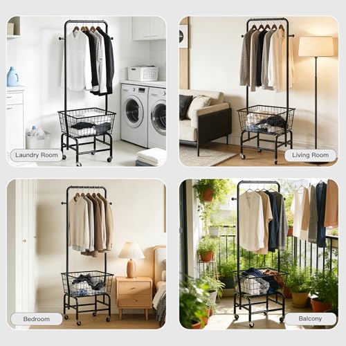 Rolling Laundry Cart with Hanging Rack Metal Laundry Basket with Wheels Laundry Hamper with Storage Basket and Shelf for Laundry Room Organization Black