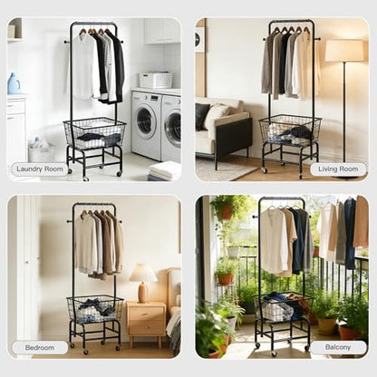 Rolling Laundry Cart with Hanging Rack Metal Laundry Basket with Wheels Laundry Hamper with Storage Basket and Shelf for Laundry Room Organization Black