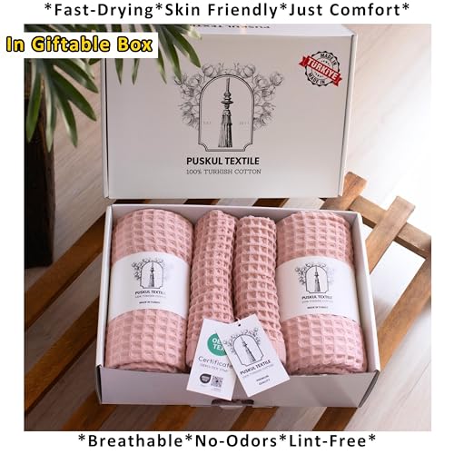 PÜSKÜL Natural 100% Turkish Cotton Waffle Towels Set of 4-Piece Pink Powder | 2-Bath sheet (Extra-large 32x63") and 2-Hand towel (Large 32x16"). Premium honeycomb-waffle weave, oeko-tex made in Turkiye. - color: Pink