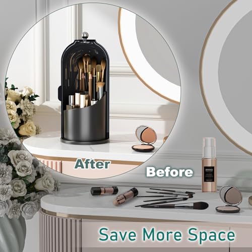 GAXmi Makeup Brush Holder with Lid Rotating Cosmetic Organizer, Dark Black | 360 Rotation, Waterproof, Dustproof, Moistureproof - color: Dark Black