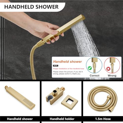 Midanya Shower Faucet Set with Handheld Sprayer,12 Inch,Brushed Gold | Rough-in Shower Valve and Trim Kit Included,Square Rain Head,Wall Mount Shower System,All Metal,Bathroom - color: Gold, size: 12 Inch