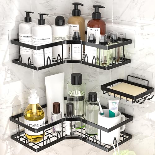 Shower Shelf Corner, Adhesive Shower Caddy Rustproof, Shower Shelves Corner with Soap Holder, No Drilling Shower Corner Organizer for Dorm, Renters Bathroom, Black, 3 Pack - color: Black (3 Pack)