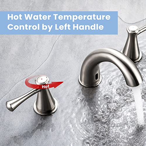 Touchless Bathroom Faucet for 3 Holes with 3 Handles, Controlling Temperature & Adjustable Water Flow, Short & Long Induction Modes, Auto Motion Sensor Brushed Nickel Bathroom Faucet Set 29180 - color: 29180Brushed Nickel