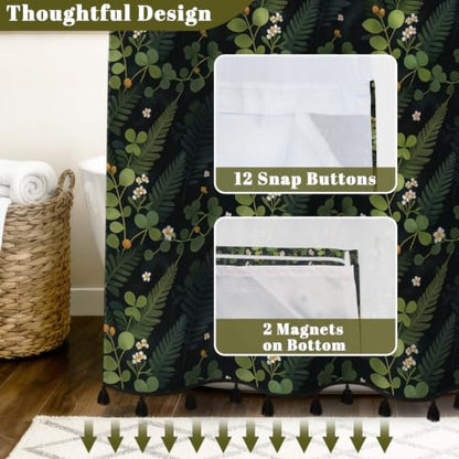 Botanical Shower Curtain with Snap in Liner & Tassels, 71x77 Inch | No Hook Needed & Mesh Top, Double Layer Waterproof Fabric, Dark Green Jungle Plant Leaf Design for Modern Farmhouse Bathroom - color: Dark Green Botanical