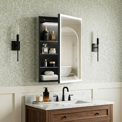 24x32 Lighted Medicine Cabinet with Mirror, Black AL Alloy Frame, Plug-in/Hardwired, Recessed/Wall Mount, Defog, 3-Color Dimmable Lights, USB-C&USB-A+2 Outlets, 3 Shelves, Right Hinge - size: 24x32(R)