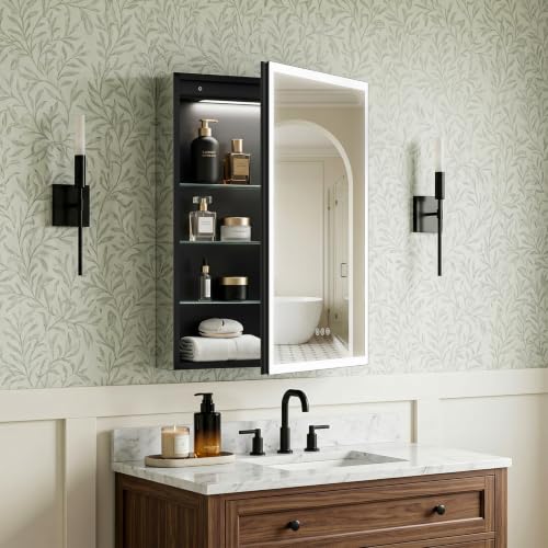 24x32 Lighted Medicine Cabinet with Mirror, Black AL Alloy Frame, Plug-in/Hardwired, Recessed/Wall Mount, Defog, 3-Color Dimmable Lights, USB-C&USB-A+2 Outlets, 3 Shelves, Right Hinge - size: 24x32(R)