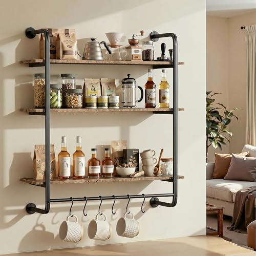 3 Tier Industrial Pipe Floating Shelf, 31.5" Kitchen Wall Shelves | with Towel Bar & 6 Hooks, Coffee Bar Shelves Display Bookshelf Wall Shelf for Kitchen, Bathroom, Home Décor, Rustic Brown - size: 31.5 Inch（3 Tier）