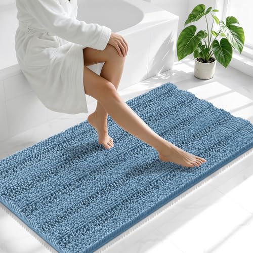 Smiry Thick Chenille Bathroom Runner Rugs 47x24, Soft Bath Mat, Airy Blue | Quick‑Dry & Machine Washable, Non‑Slip Bath Carpet, Striped Bath Rugs for Tub & Shower, Modern Home Decor Accessories - color: Airy Blue, size: 47" X 24"
