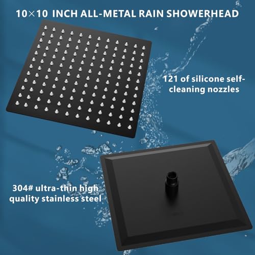 Voolan 10" Square Rain Shower Head with 14" Extension Arm, Adjustable Angle and Height, Stainless Steel Bathroom High Pressure Rainfall showerhead, 2.5GPM Matte Black - color: Matte Black
